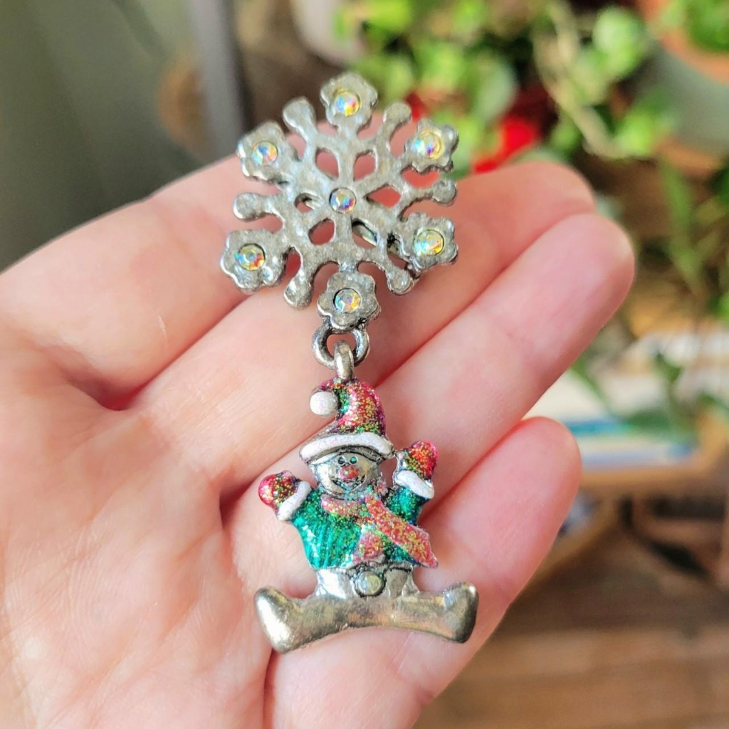 Vintage Christmas Holiday Snowman Snowflake Lapel Brooch Pin